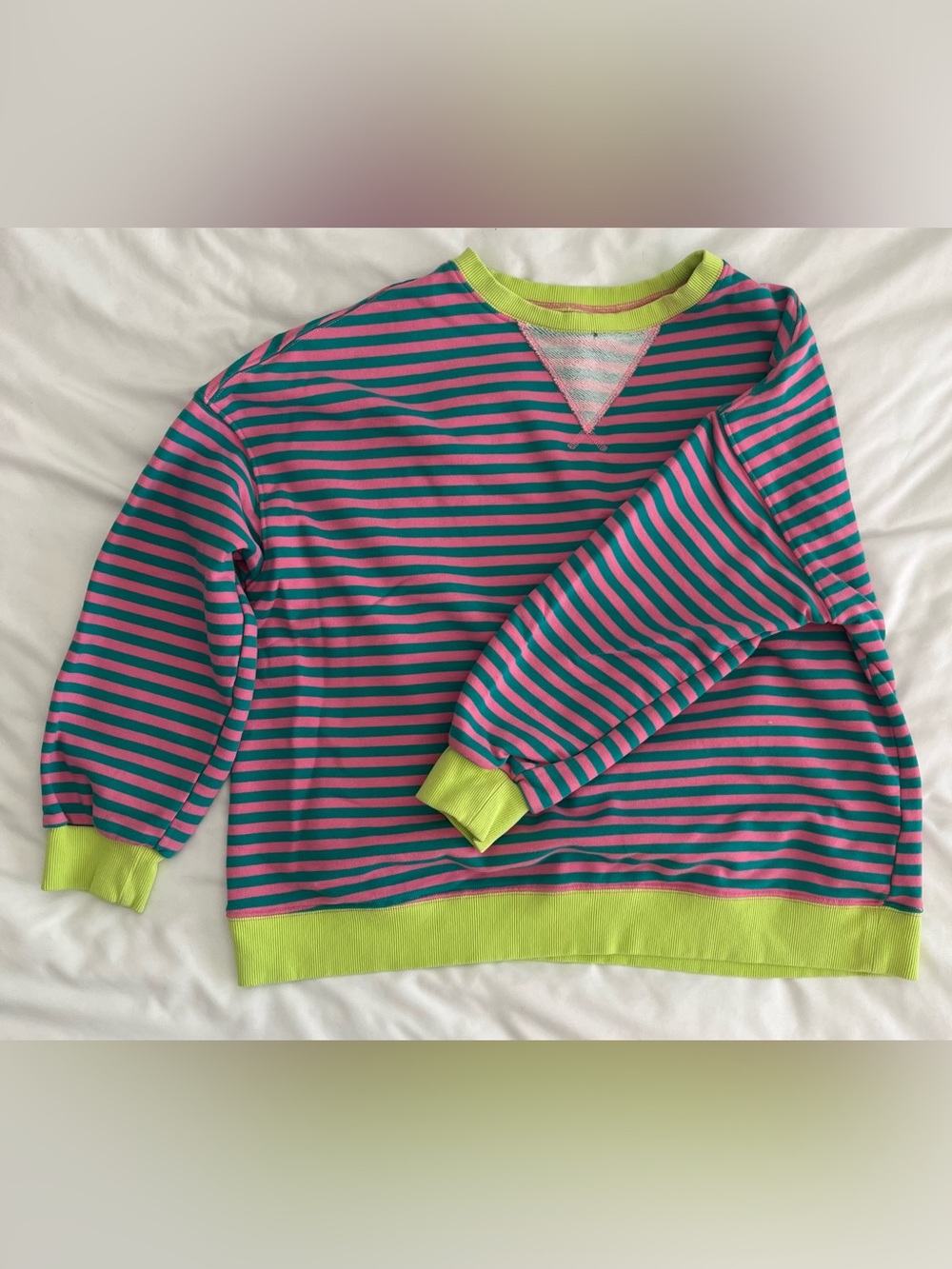 Striped Crewneck Sweatshirt in Pink, Teal & Lime Trim